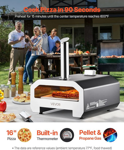 VEVOR Dual Fuel Pizza Oven Outdoor, 16 in Wood Fire & Propane Gas Pizza Oven, Portable Pellet & Propane Pizza-Maker with Thermometer, Large Multi Fuel Pizza Cook for Outside Camping & Backyard
